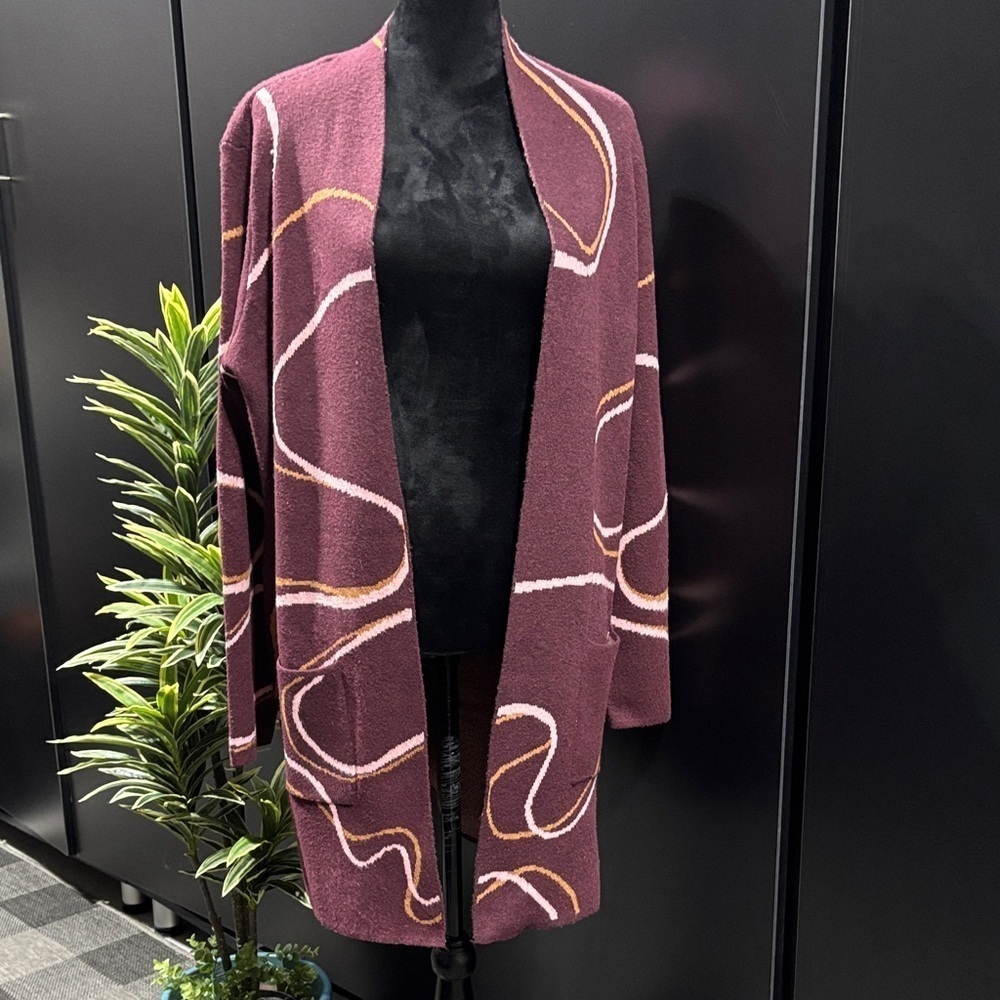 Nine West Knit Open Front Long Line Cardigan,2 pockets, Geometric swirl print